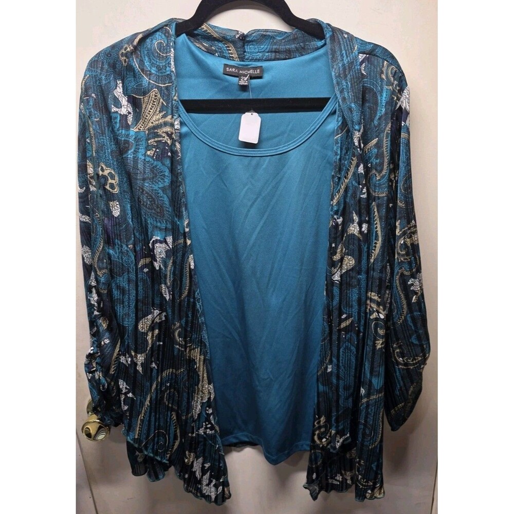 Sara Michelle Womens 2X Teal Paisley Metallic Layered Cardigan Tank Top
